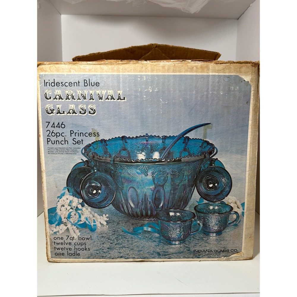 Indiana Glass Iridescent Blue Carnival Glass Princess PunchSet 26pc 7446 Vintage